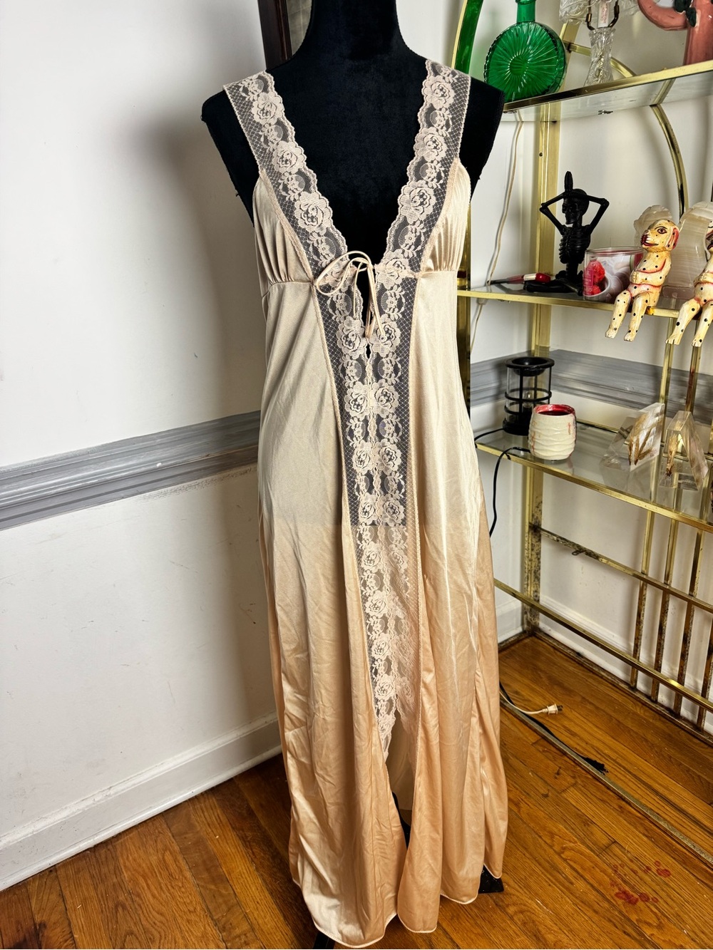 Vintage Champagne Lace-Trim Long Nightgown